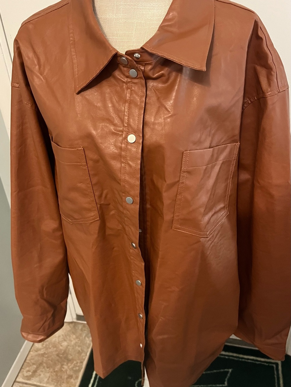 Women's Faux Leather Shirt Jacket - Brown